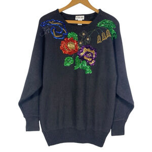 Victoria Jones Sweater Size Small Sequin Embroidered Floral Black Ramie Artsy